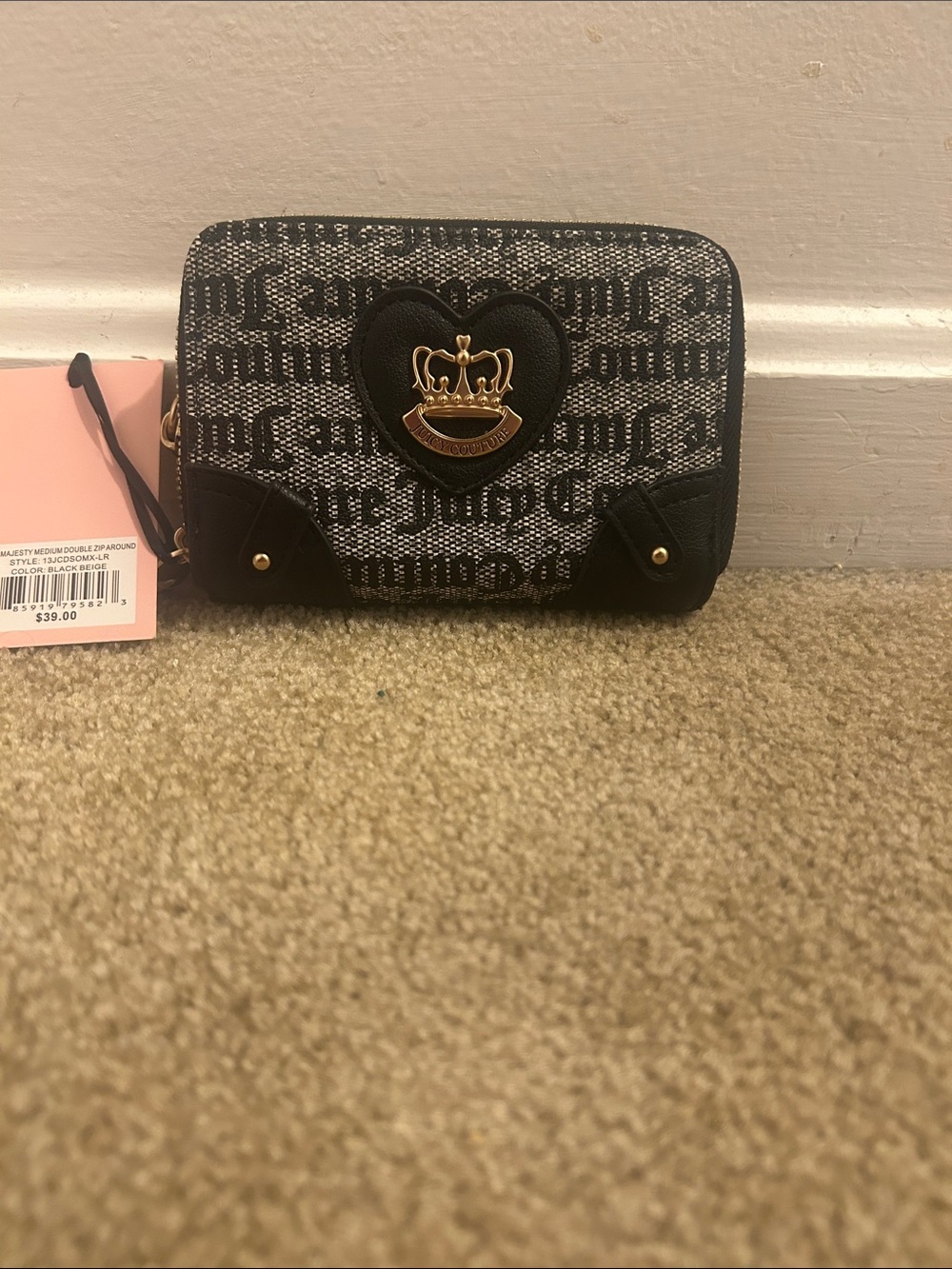 Juicy Couture Black Logo Heart Zip Wallet with Gold Emblem